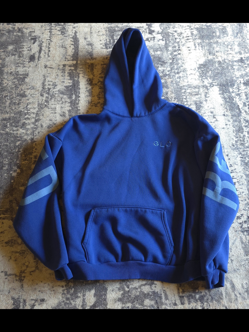 Blue 'GLO' Embroidered Hoodie with Sleeve Graphics OS LRG.